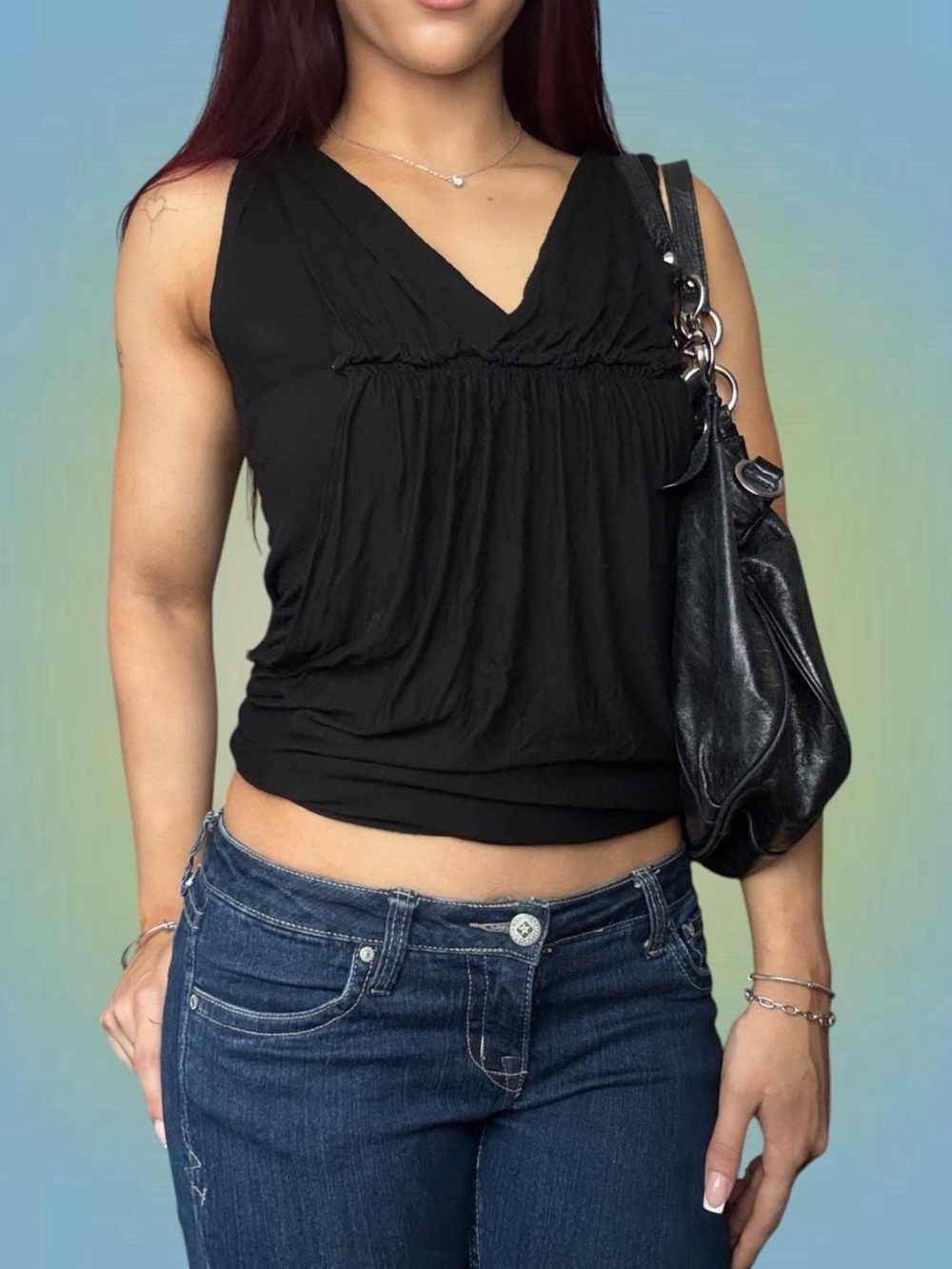 Garage Early 2000’s Black V-Neck Ruched Tank Top
